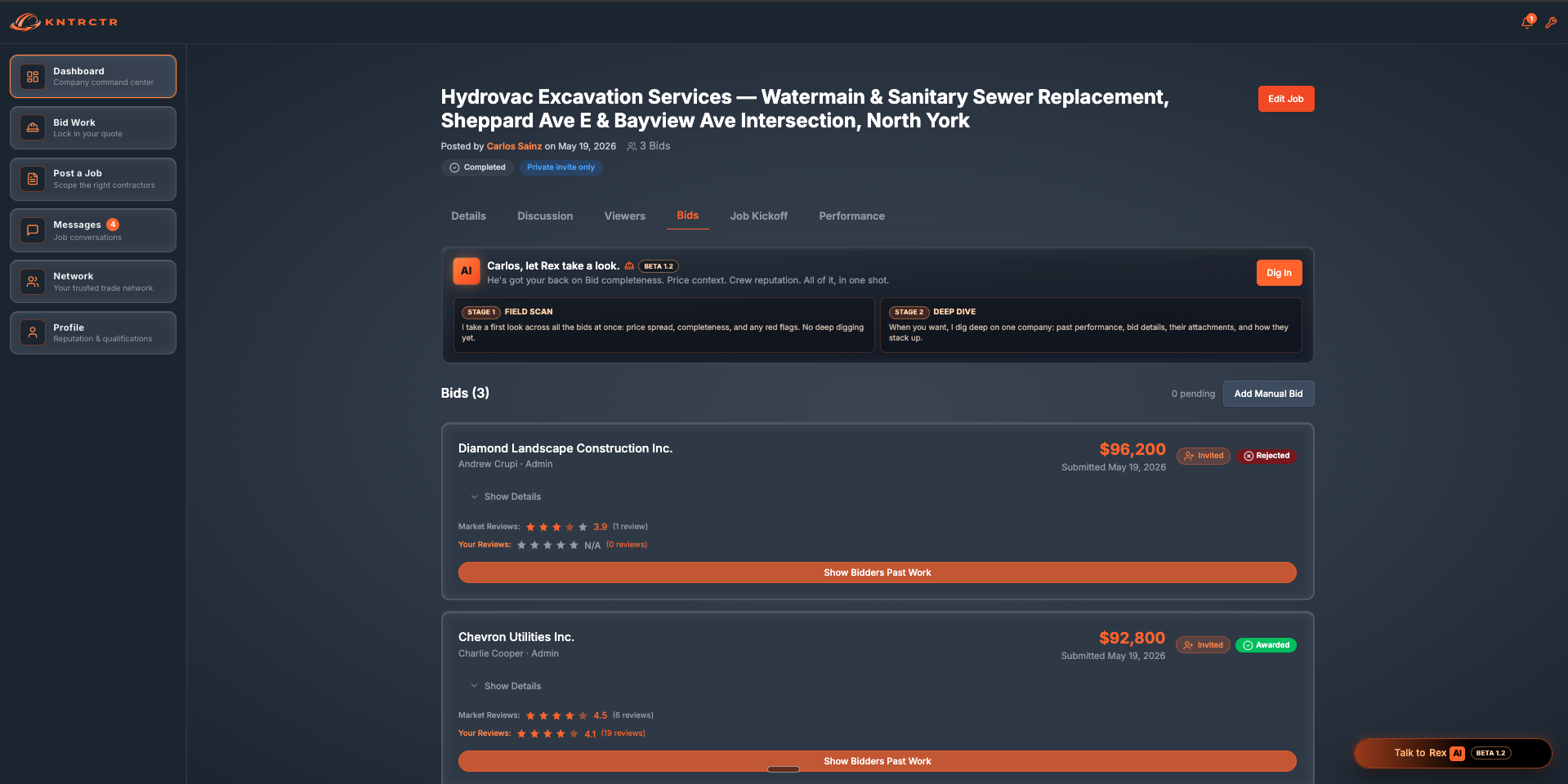 KNTRCTR dashboard: bids, subcontractors, and performance in one view